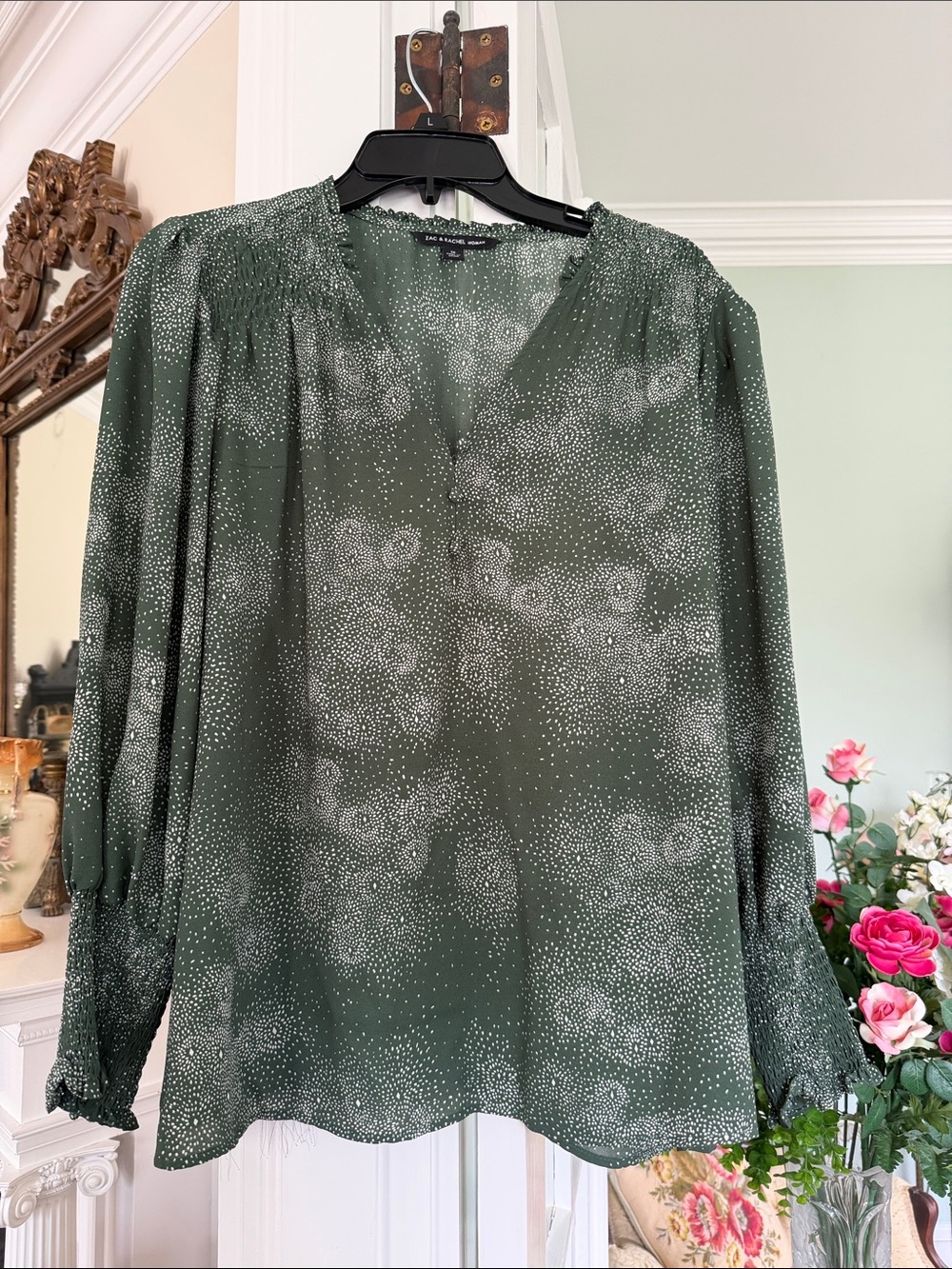 Green Printed V-Neck Long Sleeve Blouse/tunic, size 1X